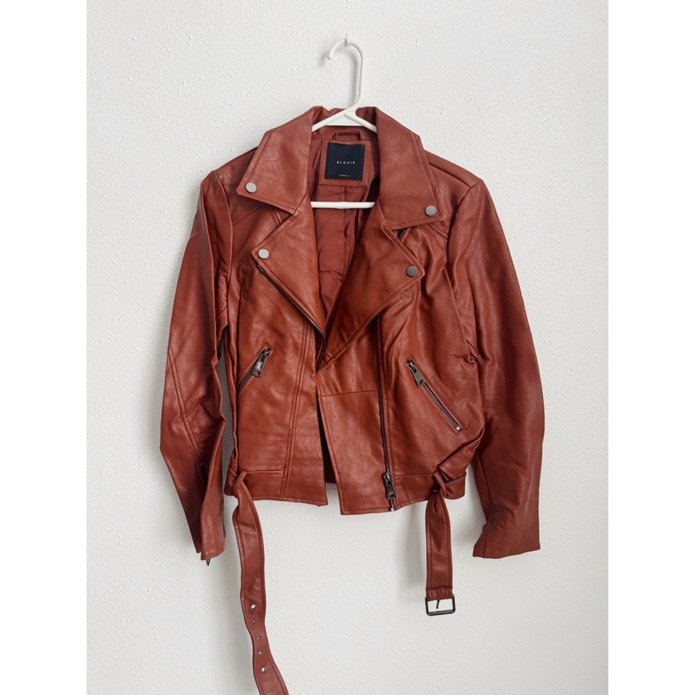 Elodie Classic Faux Leather Moto Jacket in Cognac Brown